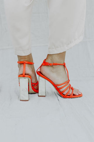 Orange Strappy Gold Block Heels