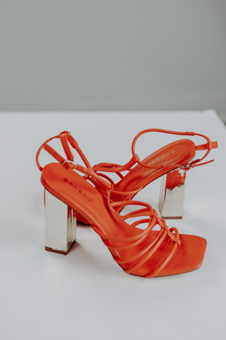 Orange Strappy Gold Block Heels