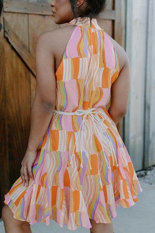 Orange Tie Waist Halter Mini Dress