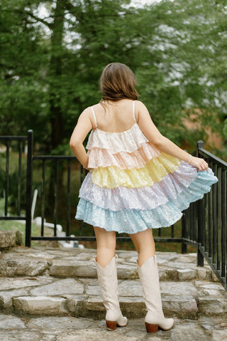 Pastel Sequin Tiered Ruffle Dress