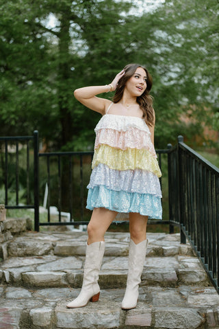 Pastel Sequin Tiered Ruffle Dress