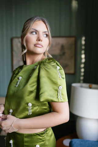 Pearl Embellished Green Satin Set Blouse | Select Trends Boutique