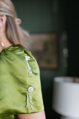 Pearl Embellished Green Satin Set Blouse | Select Trends Boutique
