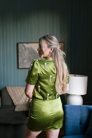 Pearl Embellished Green Satin Set Blouse | Select Trends Boutique