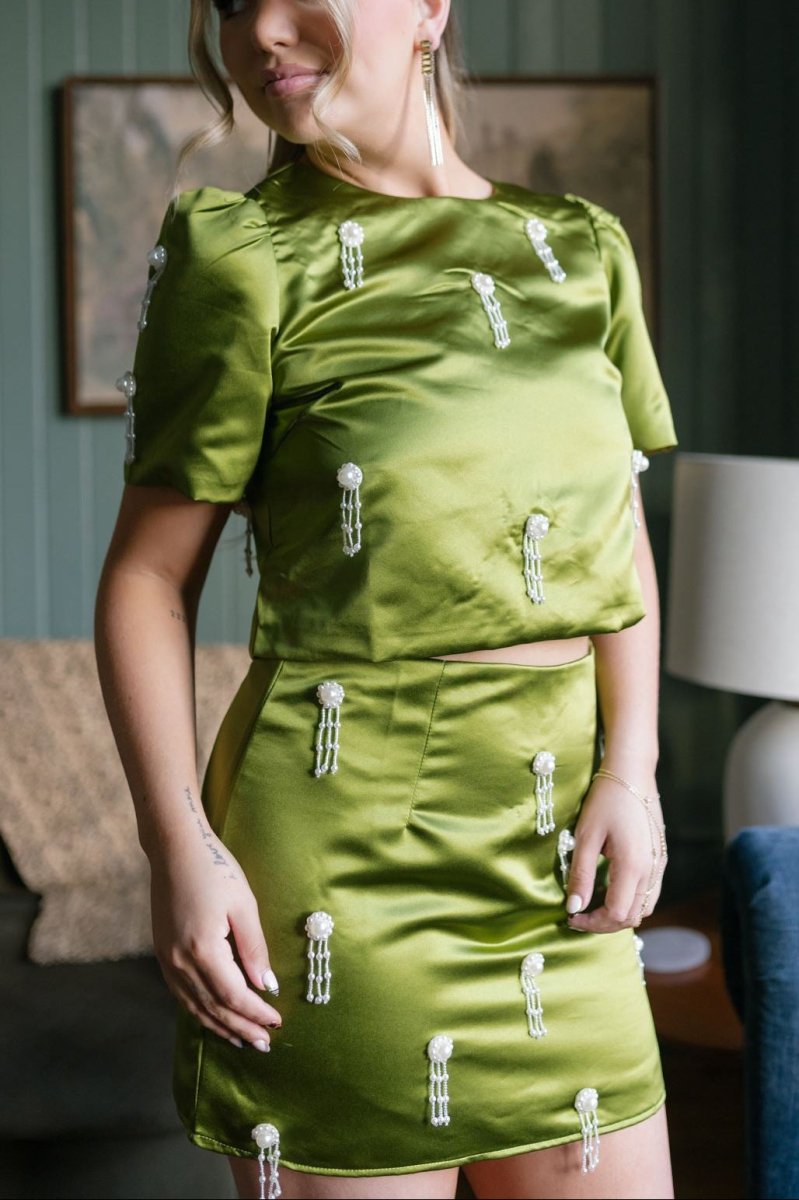 Pearl Embellished Green Satin Set Skirt