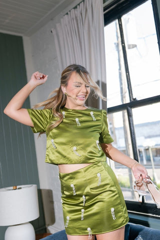 Pearl Embellished Green Satin Set Skirt | Select Trends Boutique