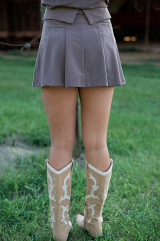 Pecan Pleated Tailored Mini Skort