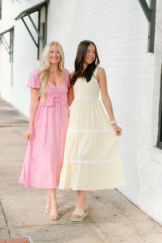 Pink Bow Front Puff Sleeve Midi Dress - Select Trends Boutique