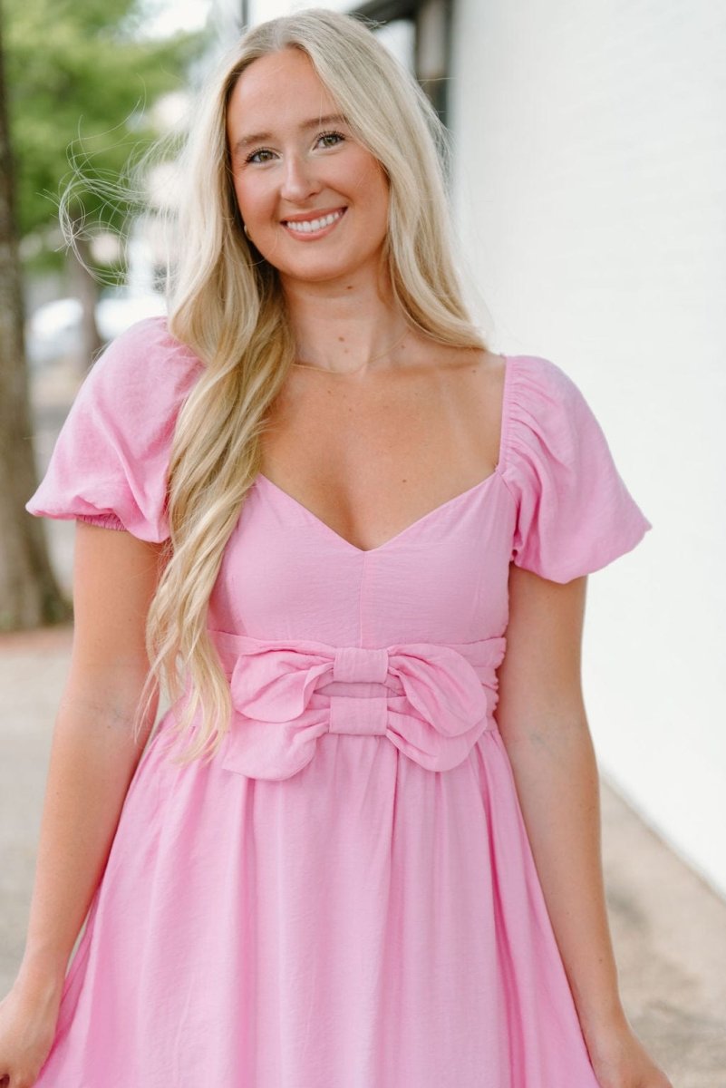 Pink Bow Front Puff Sleeve Midi Dress | Select Trends Pink Bow Front Puff Sleeve Midi Dress | Select Trends