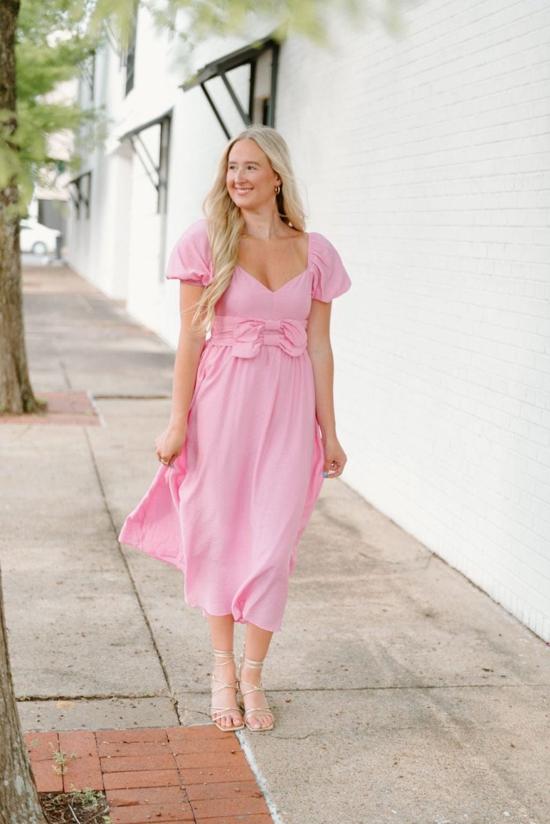 Pink Bow Front Puff Sleeve Midi Dress | Select Trends Pink Bow Front Puff Sleeve Midi Dress | Select Trends