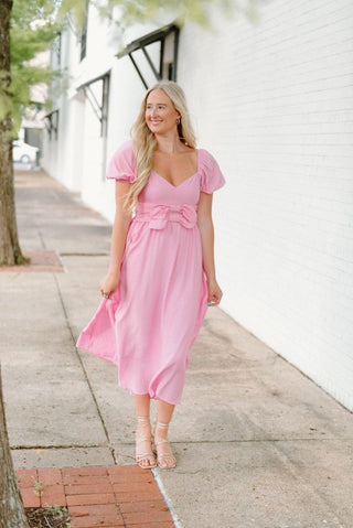 Pink Bow Front Puff Sleeve Midi Dress | Select Trends Boutique