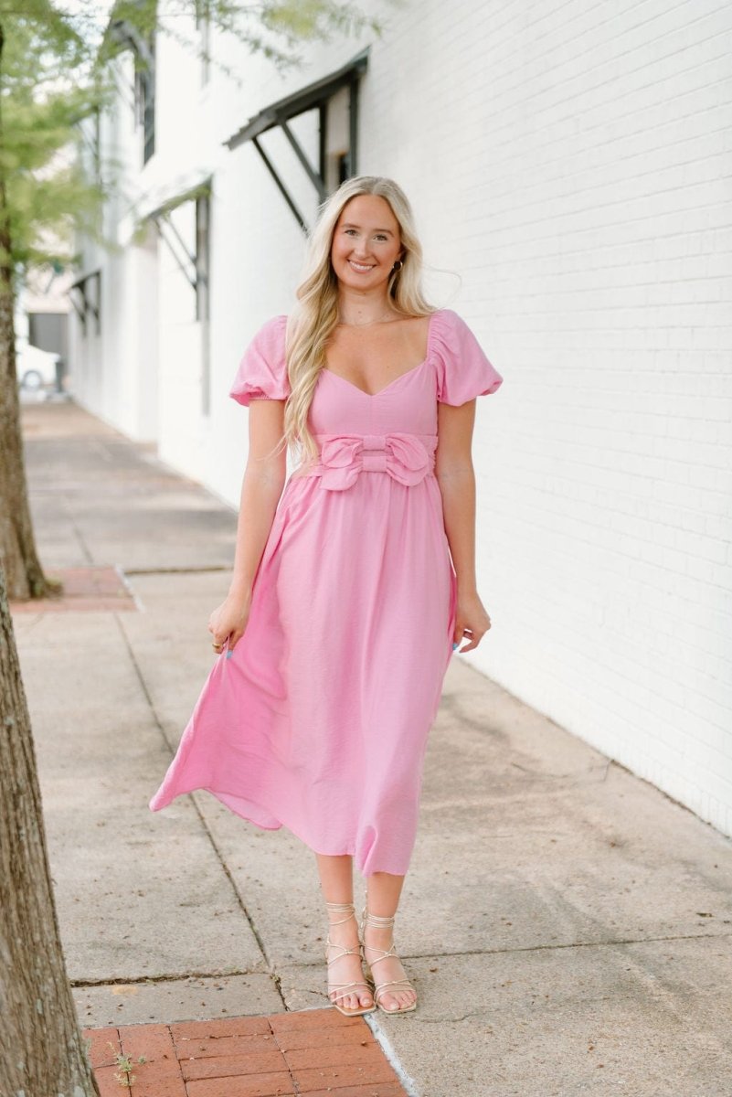 knee length dresses for ladies Pink Bow Front Puff Sleeve Midi Dress