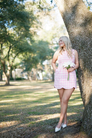 Pink Checkered Scallop Hem Tweed Dress - Select Trends Boutique