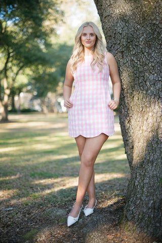 Pink Checkered Scallop Hem Tweed Dress - Select Trends Boutique