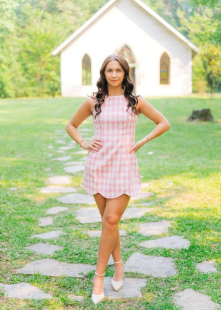 Pink Checkered Scallop Hem Tweed Dress | Select Trends Boutique
