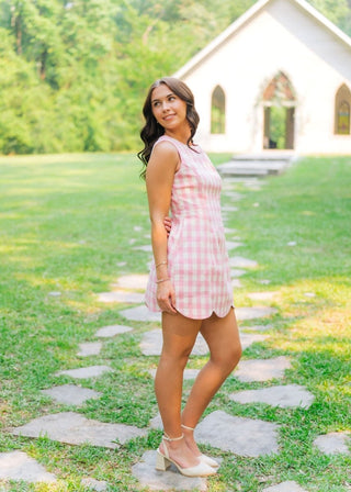 Pink Checkered Scallop Hem Tweed Dress | Select Trends Boutique