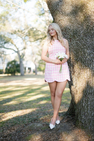 Pink Checkered Scallop Hem Tweed Dress - Select Trends Boutique