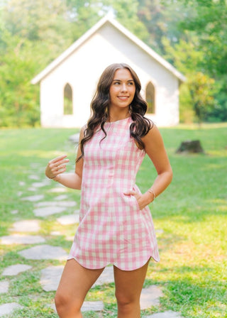 Pink Checkered Scallop Hem Tweed Dress | Select Trends Boutique