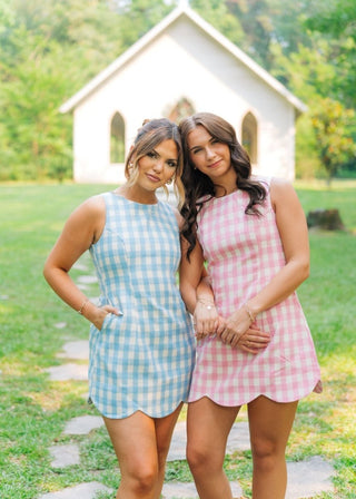 Pink Checkered Scallop Hem Tweed Dress | Select Trends Boutique