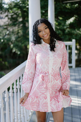 Pink Embroidered Button Up Dress
