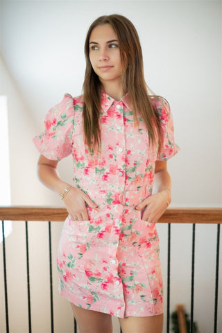 Pink Floral Belted Button Up Dress - Select Trends Boutique