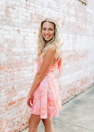 Pink Floral Jacquard Halter Dress - Select Trends Boutique