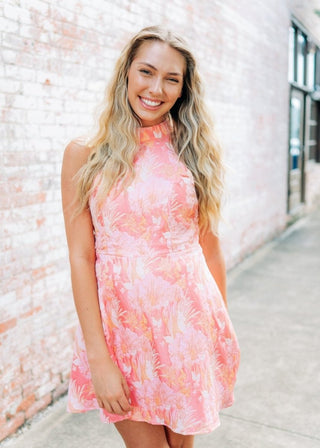 Pink Floral Jacquard Halter Dress - Select Trends Boutique
