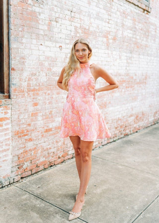 Pink Floral Jacquard Halter Dress - Select Trends Boutique