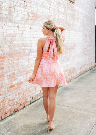 Pink Floral Jacquard Halter Dress - Select Trends Boutique