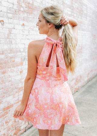 Pink Floral Jacquard Halter Dress - Select Trends Boutique
