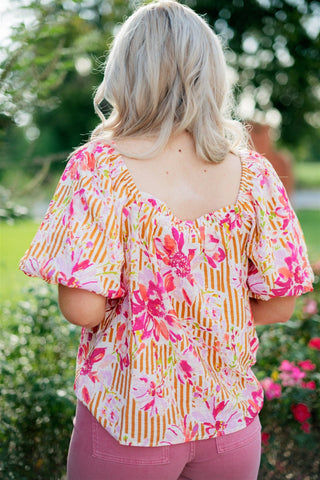 Pink Floral Print Puff Sleeve Blouse