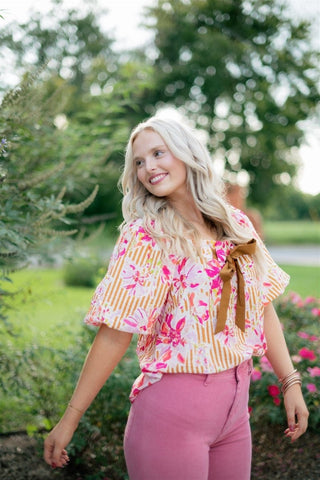 Pink Floral Print Puff Sleeve Blouse | Select Trends Boutique