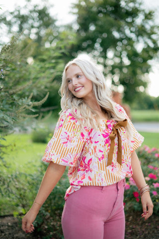 Pink Floral Print Puff Sleeve Blouse