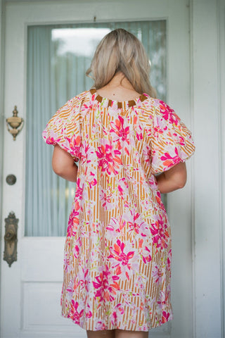 Pink Floral Print Puff Sleeve Mini Dress