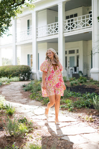Pink Floral Print Puff Sleeve Mini Dress