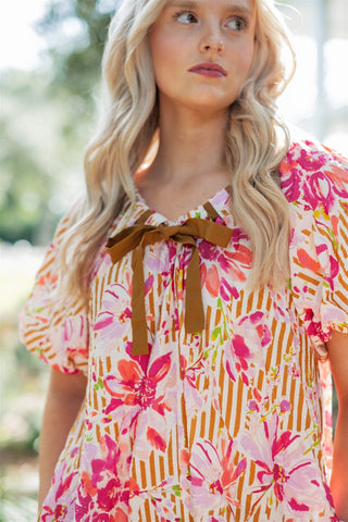 Pink Floral Print Puff Sleeve Mini Dress