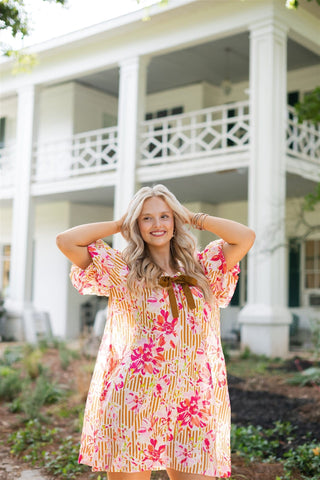 Pink Floral Print Puff Sleeve Mini Dress