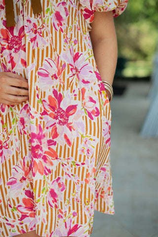 Pink Floral Print Puff Sleeve Mini Dress