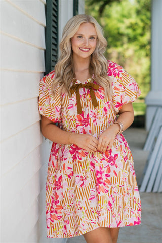 Pink Floral Print Puff Sleeve Mini Dress