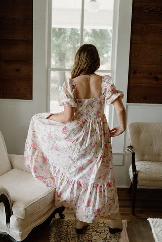 Pink Floral Puff Sleeve Midi Dress