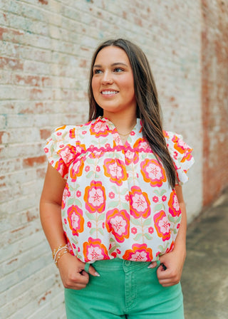 Pink Floral Ruffle Sleeve Blouse - Select Trends Boutique