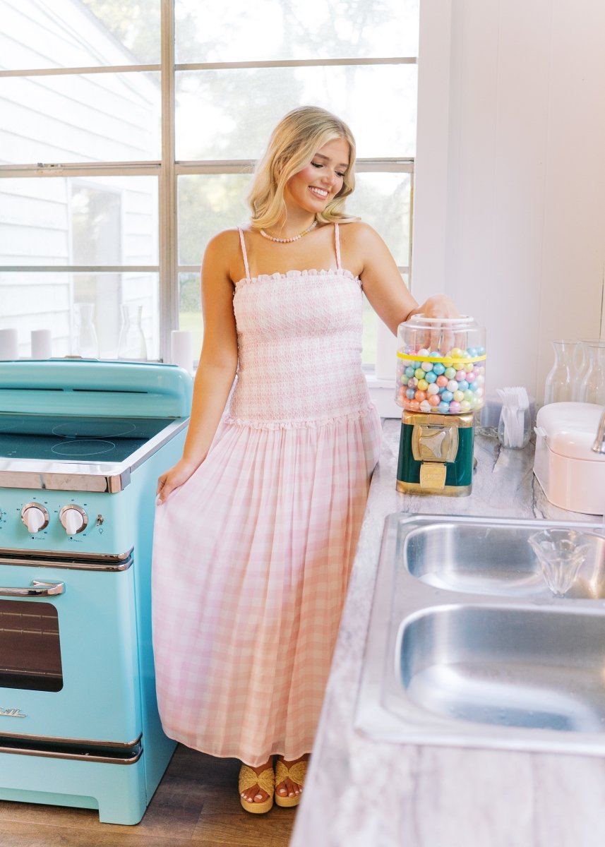 Pink Gingham Smocked Maxi Dress