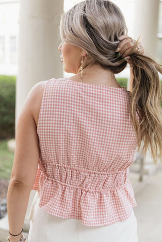 Pink Gingham V - Neck Sleeveless Top - Select Trends Boutique