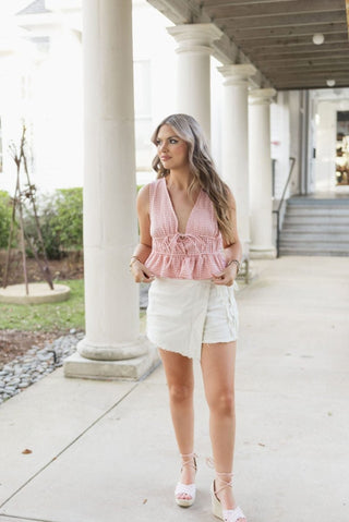 Pink Gingham V - Neck Sleeveless Top - Select Trends Boutique