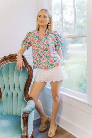 Pink & Green Floral Button Down Blouse | Select Trends Boutique