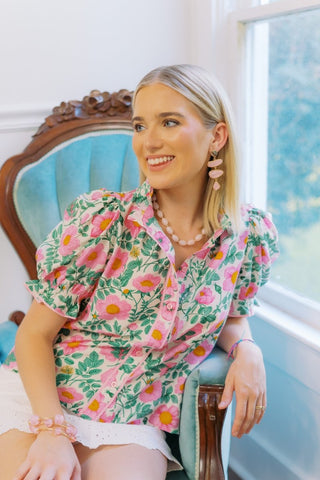 Pink & Green Floral Button Down Blouse | Select Trends Boutique