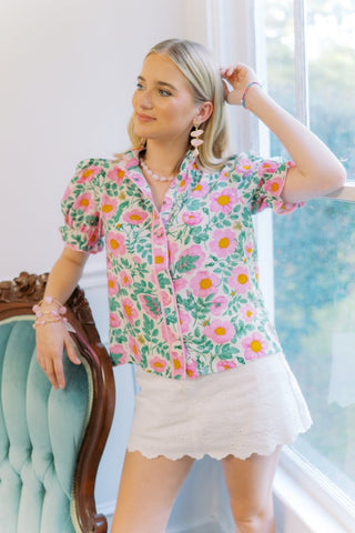 Pink & Green Floral Button Down Blouse | Select Trends Boutique