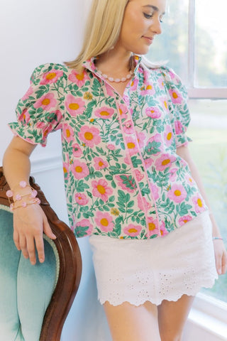Pink & Green Floral Button Down Blouse | Select Trends Boutique