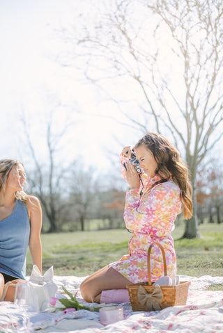 Pink & Orange Flower Belted Denim Dress