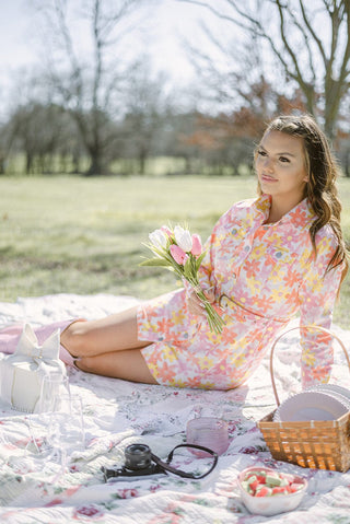 Pink & Orange Flower Belted Denim Dress